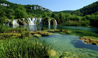 Serene Waterfall Cascading into Emerald Pool in Lush Green Valley