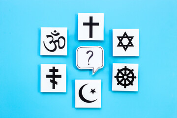 World religious symbols - Christianity cross, Islam crescent, Buddhism dharma wheel, Hinduism aum, Judaism David star top view