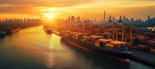 Fototapeta premium Container ports at sunset, with fully loaded cargo ships and cranes moored against the city skyline.