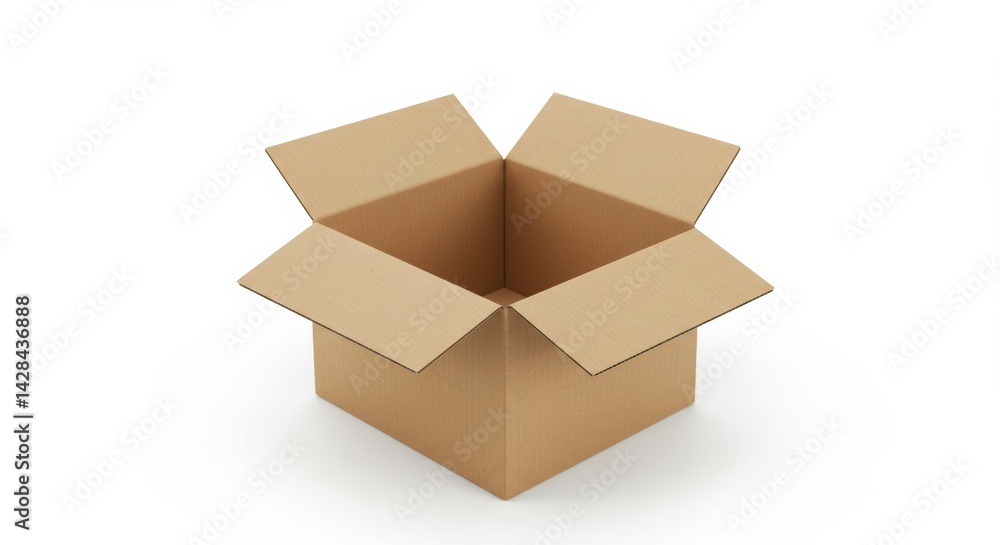 Poster empty cardboard box open in a studio setting. empty box with flaps open, showing interior space and 