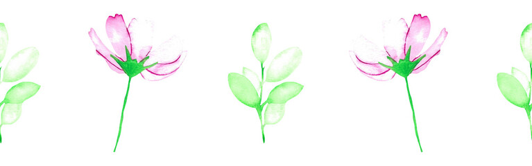 Watercolor leaves and flowers border on a white background. Hand-drawn illustration. Perfect for spring and summer.