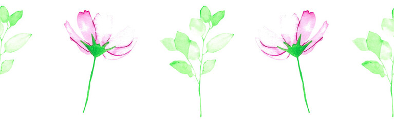 Watercolor leaves and flowers border on a white background. Hand-drawn illustration. Perfect for spring and summer.