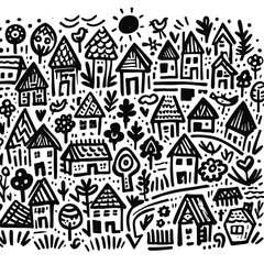 Fototapeta premium Hand-drawn houses and plants in black and white pattern 
