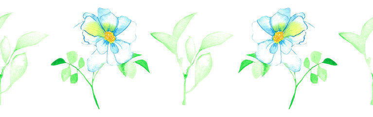 Watercolor leaves and flowers border on a white background. Hand-drawn illustration. Perfect for spring and summer.