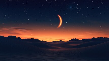 Crescent moon over a mountain range at twilight.