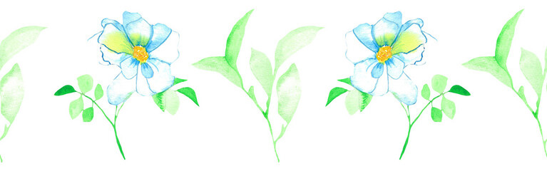 Watercolor leaves and flowers border on a white background. Hand-drawn illustration. Perfect for spring and summer.