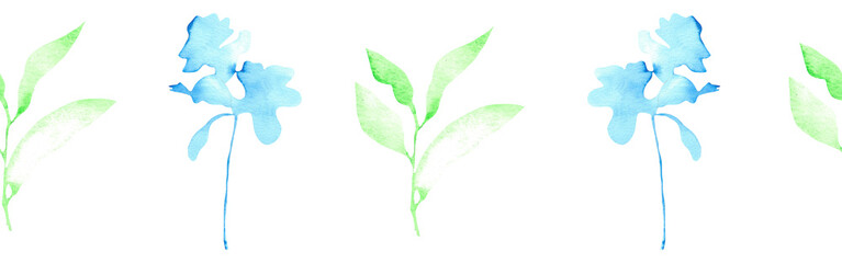 Watercolor leaves and flower silhouette border on a white background. Hand-drawn illustration. Perfect for spring and summer.
