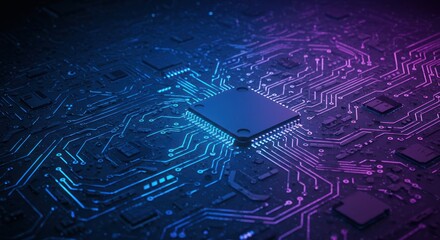 Microchip close-up with blue and purple lighting showing circuit board connections.