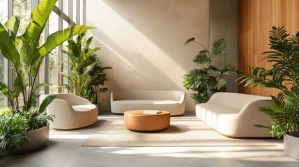 Modern, light-filled interior design featuring comfortable seating and lush greenery.