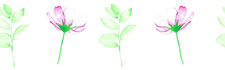Watercolor leaves and flowers border on a white background. Hand-drawn illustration. Perfect for spring and summer.