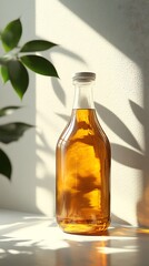 Transparent tea bottle mockup on white coun