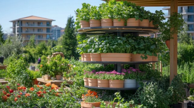 Plants flourish in tiered pots within a vibrant urban garden, showcasing innovative hydroponic farming methods for sustainable agriculture and eco friendly living.