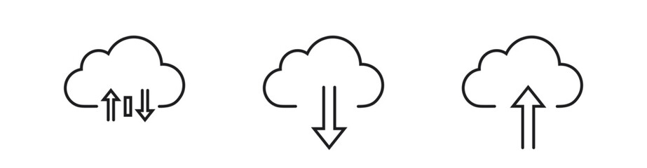 Vector illustration shows three cloud storage icons featuring upload, download, and synchronization arrows, ideal for technology, data management, and internet themes.