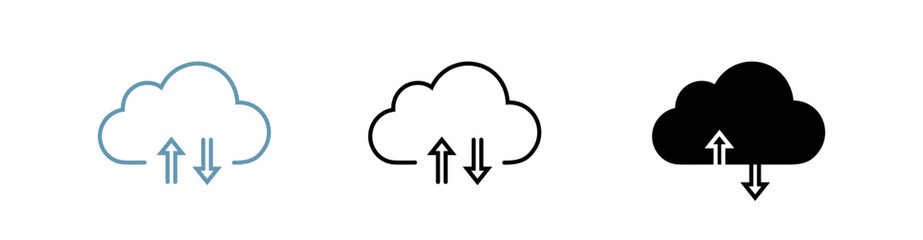 Vector icons representing cloud computing with upload and download data transfer arrows. Available in line art, solid black, and colored versions, suitable for web design.