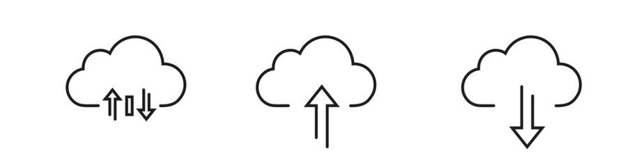 Vector illustration shows three cloud storage icons featuring upload, download, and synchronization arrows, ideal for technology, data management, and internet themes.
