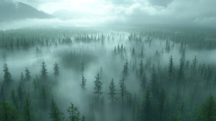 Misty Forest Majesty Verdant canopy pierced by ethereal fog a serene woodland vista
