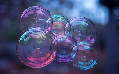 Naklejka premium A close-up shot of colorful soap bubbles floating in the air, with their shimmering surfaces reflecting light and the environment