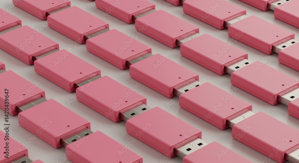 Poster pink usb flash drives arranged in a grid pattern on a light gray surface. organized presentation of 