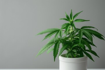 Obraz premium Home Grown Cannabis Plant in Stylish White Pot – Legal Marijuana Cultivation, Indoor Weed Farming, and Modern Plant Decor Concept