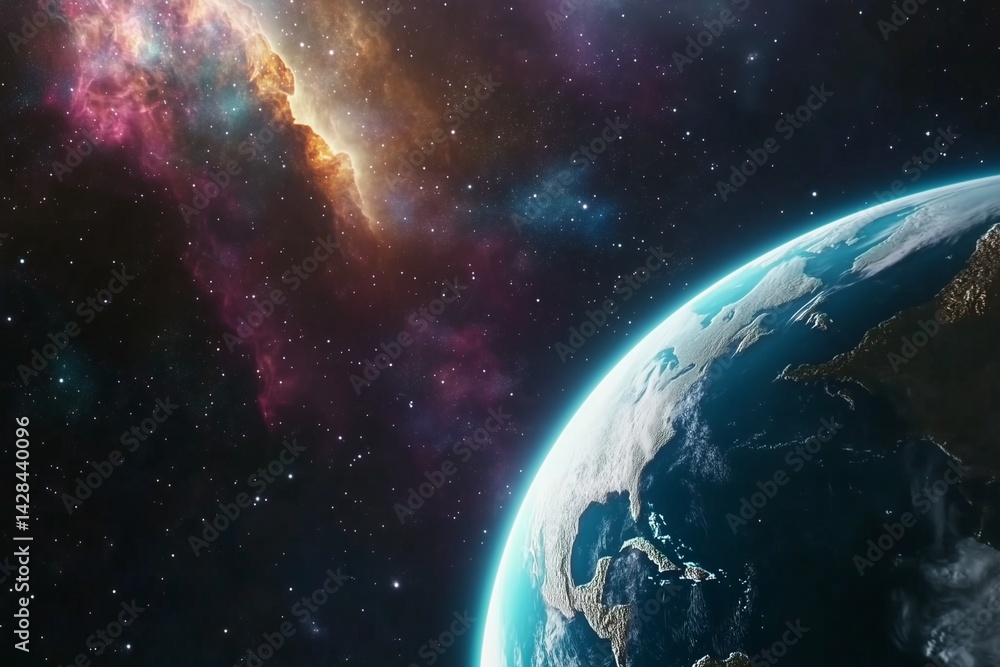 Wall mural stunning view of earth from outer space with colorful nebula and stars – high resolution planet eart