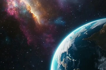 Fototapeta premium Stunning View of Earth from Outer Space with Colorful Nebula and Stars – High Resolution Planet Earth Image for Science, Astronomy, Space Exploration, and Futuristic Design Concepts