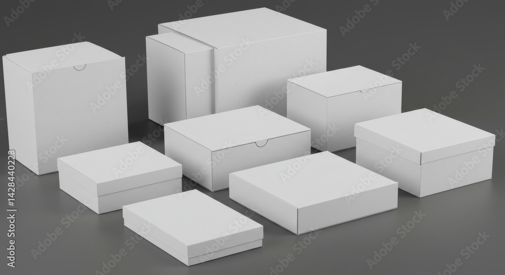 Aufkleber blank white cardboard boxes of various sizes in a studio setting. different sizes and shapes of empt