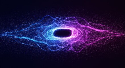 Abstract dark hole surrounded by blue and purple energy waves on black.