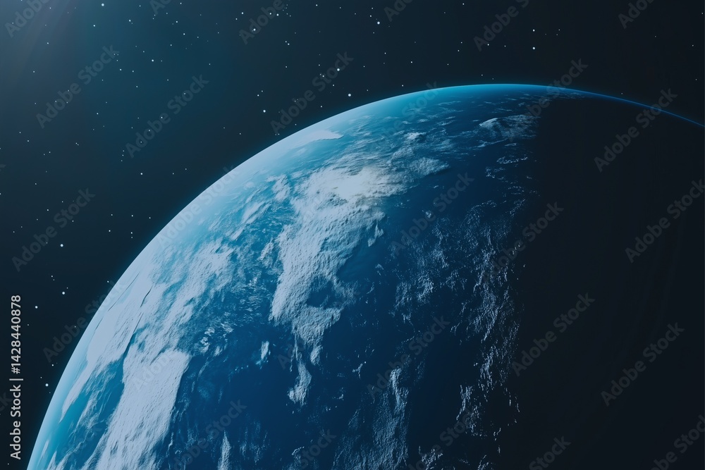 Poster stunning view of earth from outer space showing blue oceans and white clouds – high resolution plane