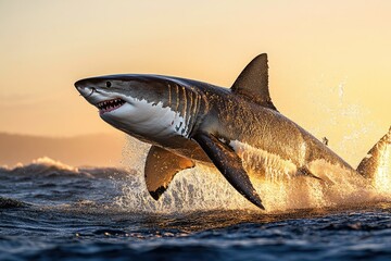 Fototapeta premium A great white shark leaps from the ocean at sunset, creating a stunning display of power and grace.
