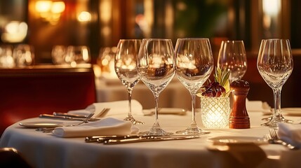 A table with white tablecloths, multiple sets of wine glasses, folded napkins, cutlery and candles.