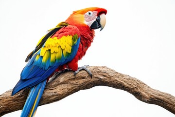 Fototapeta premium A vibrant Scarlet Macaw perched on a weathered branch, showcasing its colorful plumage against a white background.