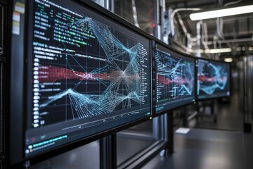 Data visualization on large monitors displays complex code and network connections in a data center.