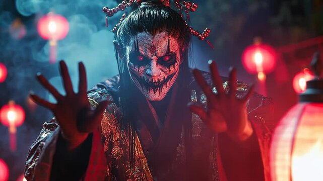 A horrifying Jiangshi, or Chinese vampire, with glowing red eyes and elaborate robe, reaches forward amidst lanterns and smoke in a night scene.