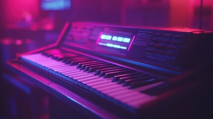 Electronic keyboard bathed in vibrant, pink and purple light.