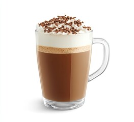 Glass mug filled with a hot drink, topped with whipped cream and chocolate sprinkles