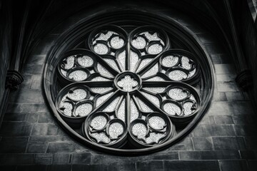 Fototapeta premium Intricate Gothic rose window in a stone wall, showcasing detailed craftsmanship and architectural beauty.