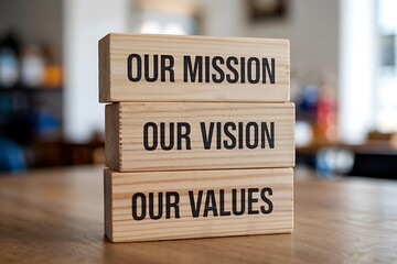 Three wooden blocks stacked to display core business values: Mission, Vision, and Values. This image is great for business and motivational materials.
