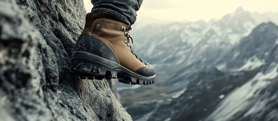 Fototapeta premium Hiking boot on a rocky cliff overlooking snowy mountains.