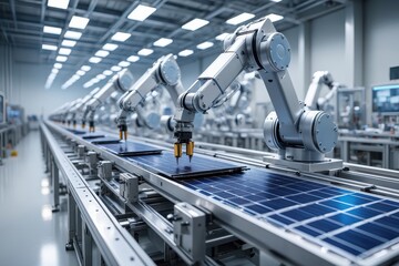 Wide Shot of Solar Panel Production Line with Robot Arms at Modern Bright Factory. Solar Panels are being Assembled on Conveyor.