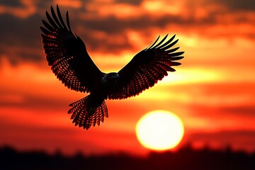 Obraz premium Majestic eagle soaring in the vibrant sunset sky, silhouette of bird of prey against orange and red sunset