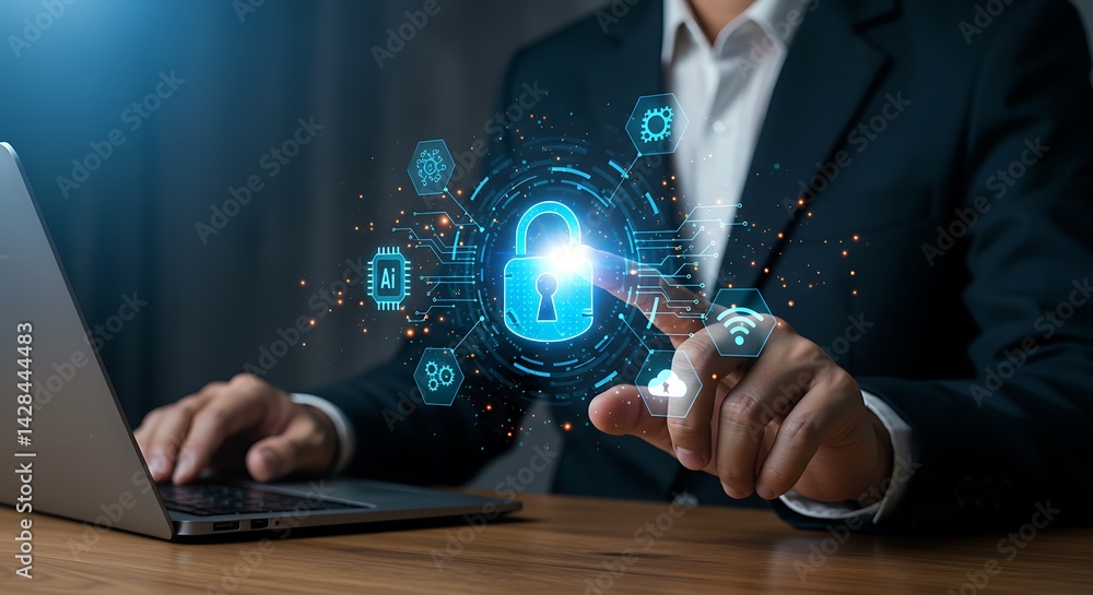 Poster digital security management with laptop protecting data information