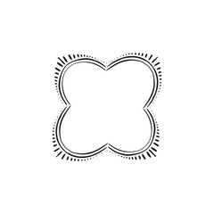 A floral decorative border with petals in a symmetrical flower shape. Black line drawing. 