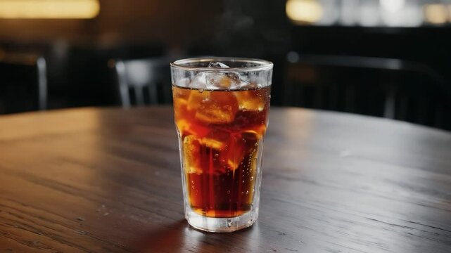 A Glass of Cola with Ice Cubes on a Wooden Table