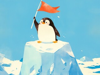 A determined penguin stands alone on a tall iceberg holding an orange flag high, representing achievement and resilience against a blue sky backdrop. 