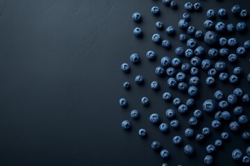 Fresh blueberries scattered on dark surface