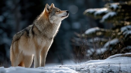 Obraz premium Elegant Siberian Husky Standing in Snowy Forest with Backlit Snowflakes and Winter Atmosphere