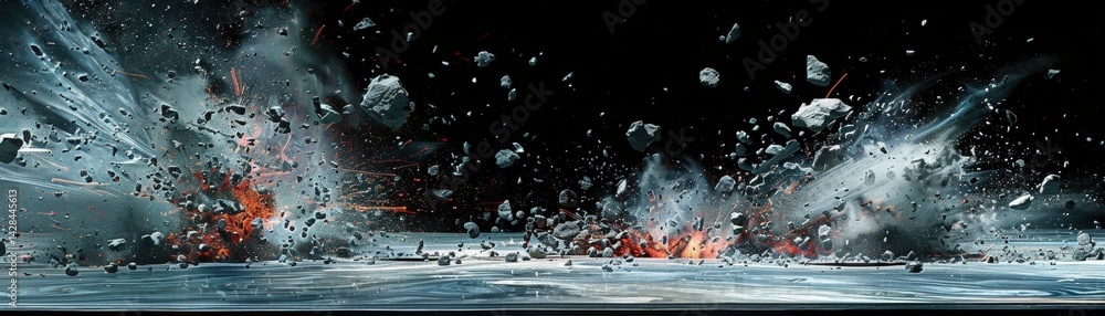 Poster a dynamic scene depicting explosions and debris in a dark environment, illustrating intense action a