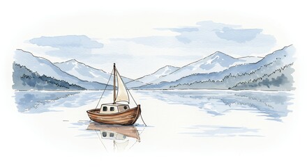 Obraz premium Watercolor illustration of a small sailboat on a calm lake