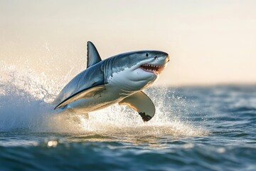 Fototapeta premium A great white shark breaches the ocean surface, creating a splash of water in the golden sunlight.