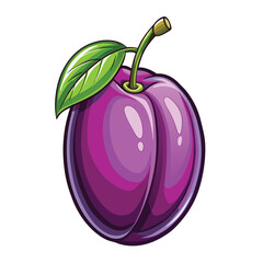 Vibrant purple plum with green leaf